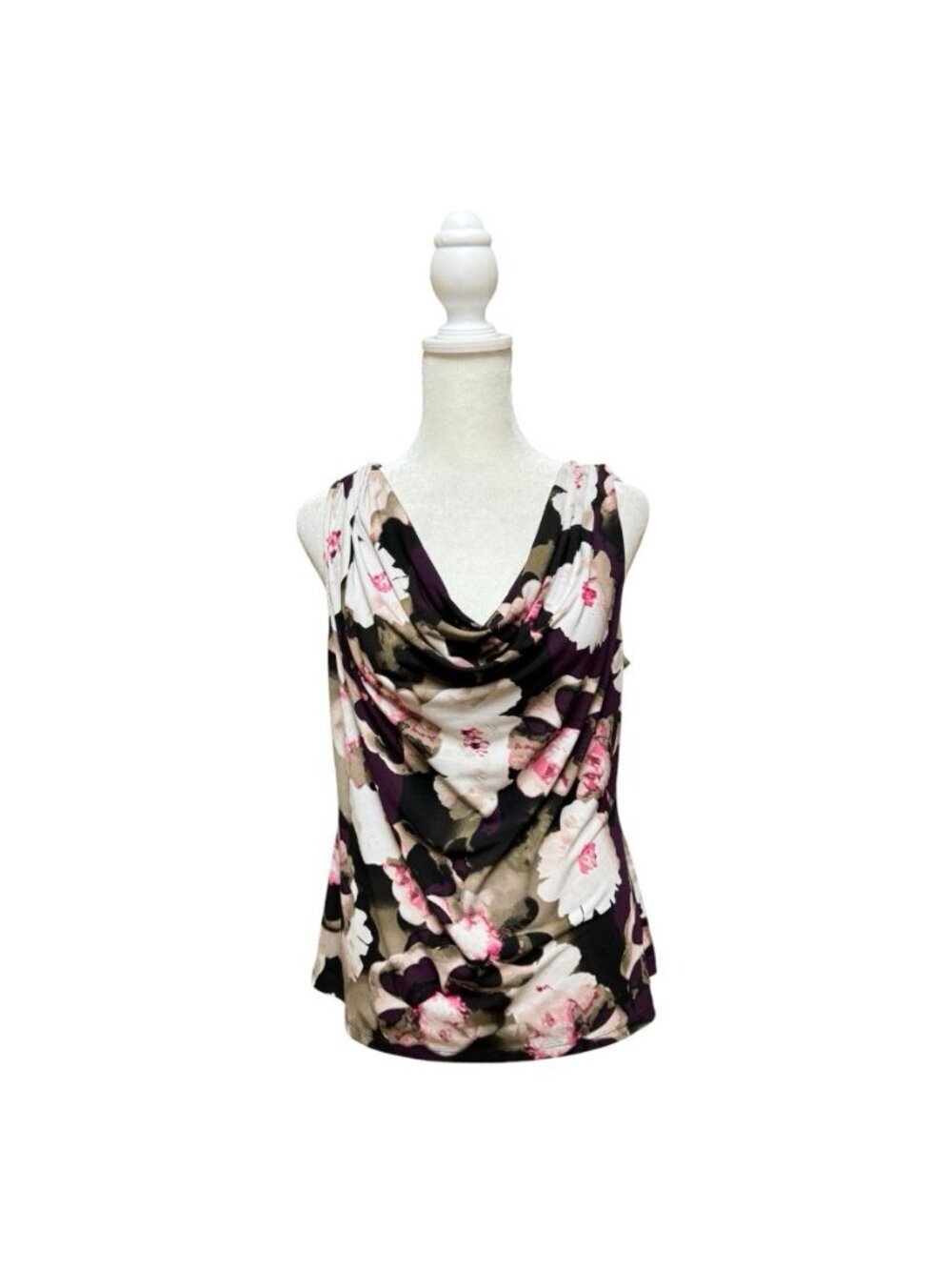 Calvin Klein Petite Large Floral Cowl Neck Sleeveless Blouse Purple Pink Stretch